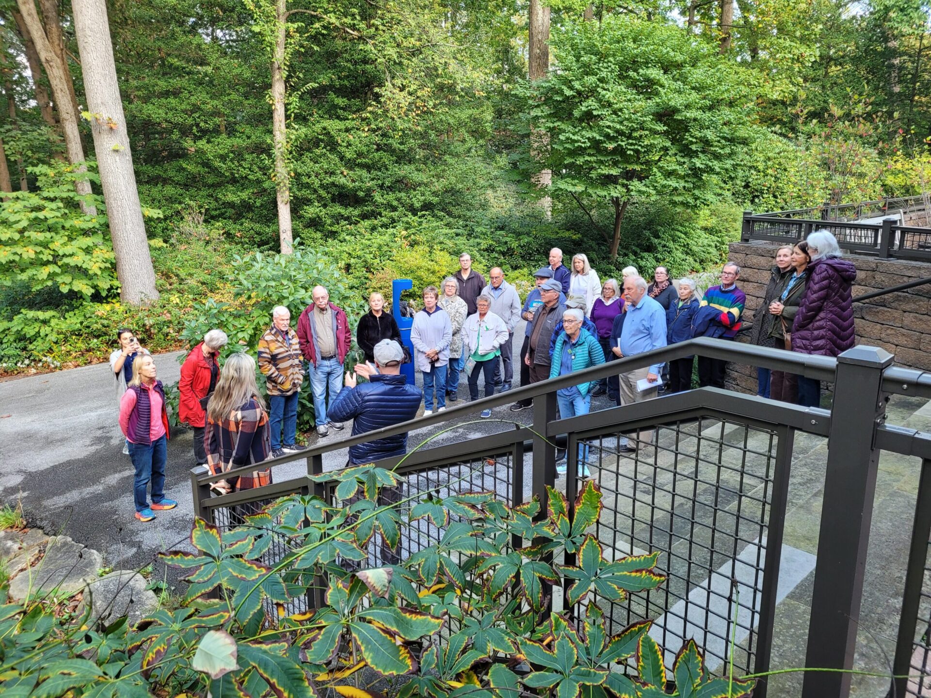 Group of about 25 people standing at the bottom of a set of stairs looking up at a tour guide in the early autumn garden.