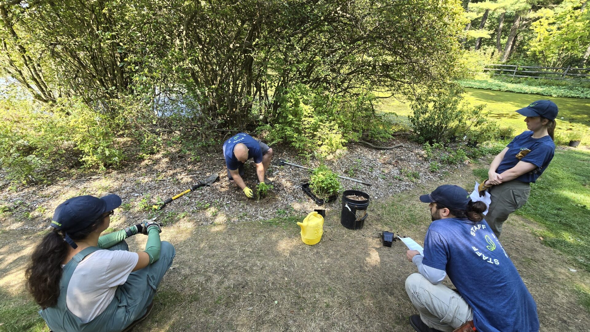 Group of three young adults watch a slightly older man demonstrate how to plant a plant. All are wearing Jenkins hats and t-shirts.