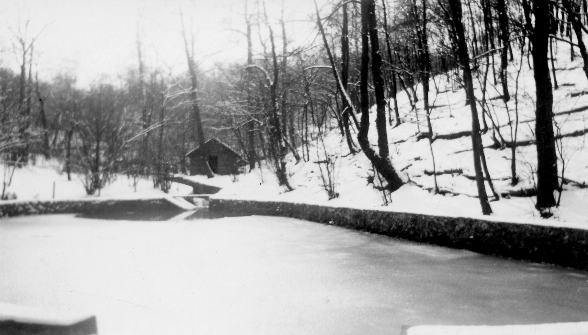 Old black and white photo of a small pond and spring house in winter with snow on the ground.